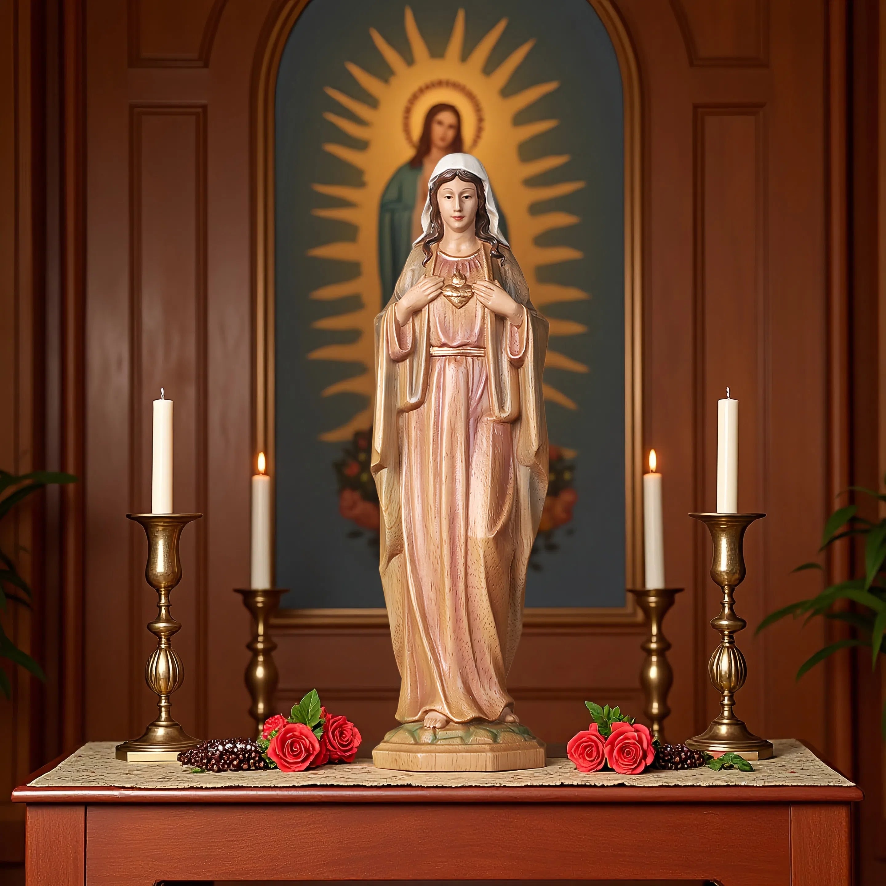 Hand-Carved Sacred Heart Mary Statue - Catholic Wood Sculpture, Hand-Painted Altar Decor, Christian Gift - QIADGE