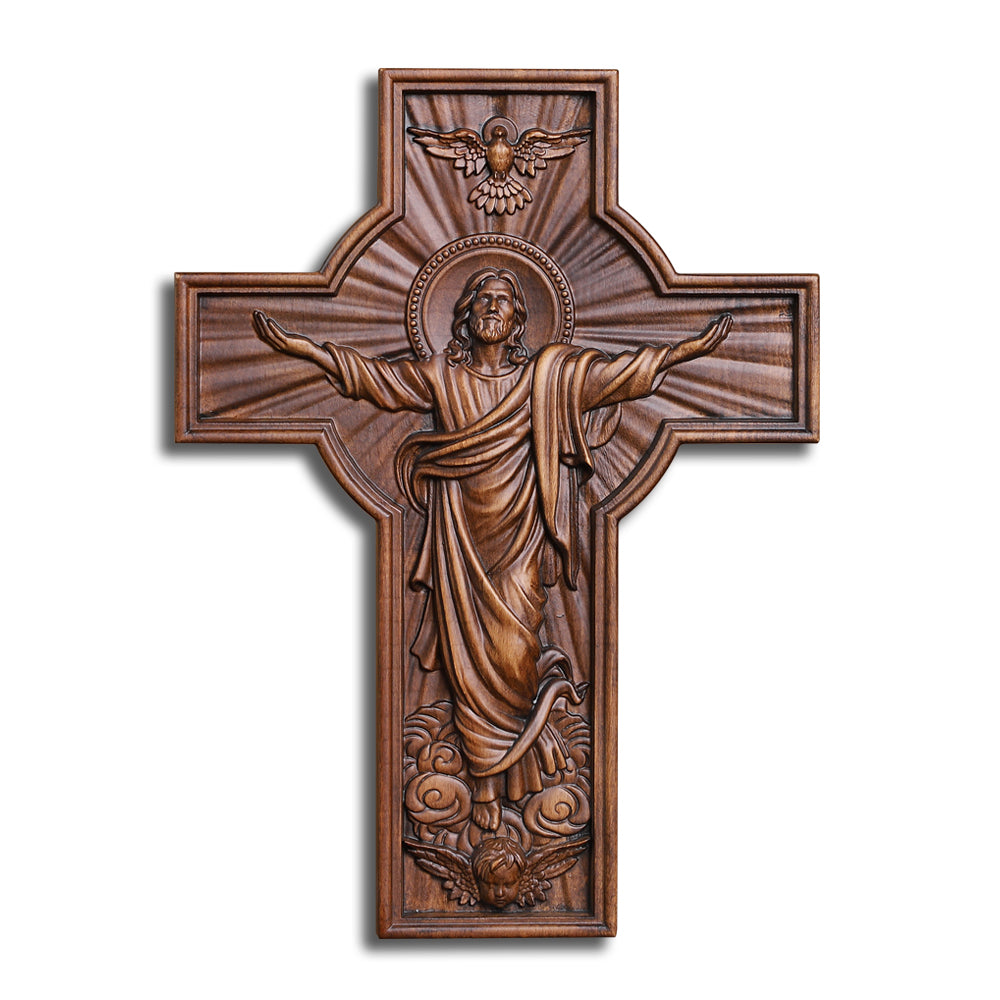 Hand-Carved Jesus Ascension Cross - Solid Wood Crucifix with Dove & Angels - Christian Home Altar Gift - QIADGE