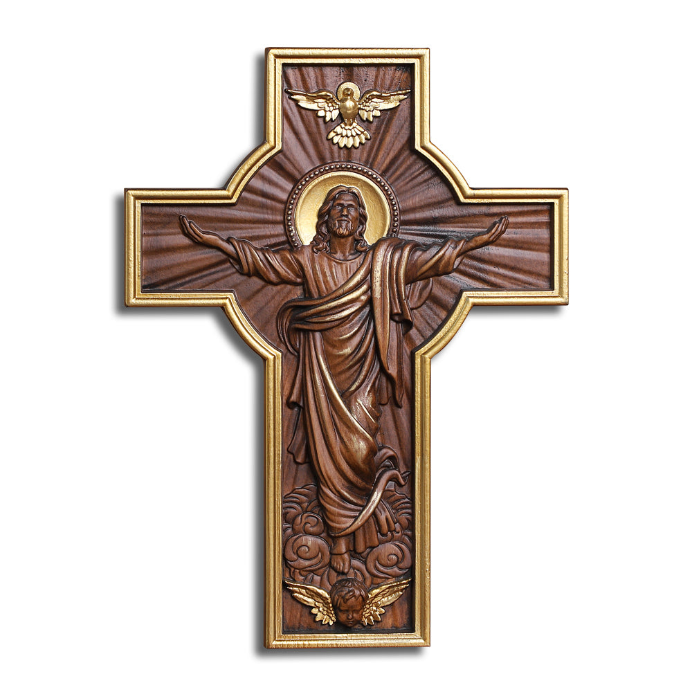 Hand-Carved Jesus Ascension Cross - Solid Wood Crucifix with Dove & Angels - Christian Home Altar Gift - QIADGE
