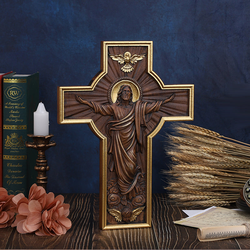 Hand-Carved Jesus Ascension Cross - Solid Wood Crucifix with Dove & Angels - Christian Home Altar Gift - QIADGE