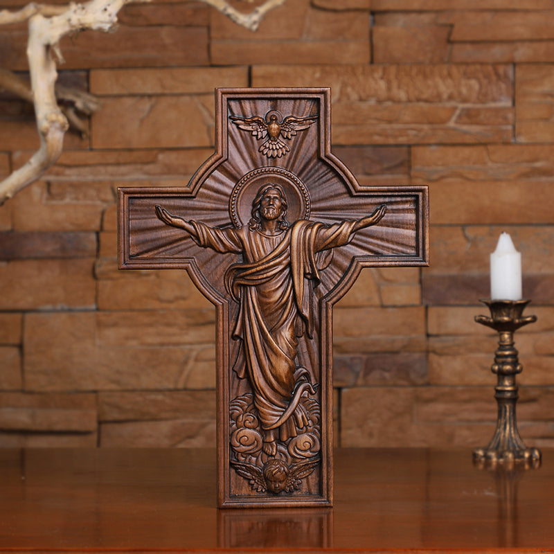 Hand-Carved Jesus Ascension Cross - Solid Wood Crucifix with Dove & Angels - Christian Home Altar Gift - QIADGE