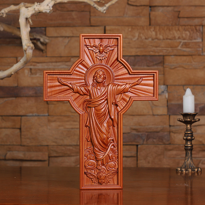 Hand-Carved Jesus Ascension Cross - Solid Wood Crucifix with Dove & Angels - Christian Home Altar Gift - QIADGE