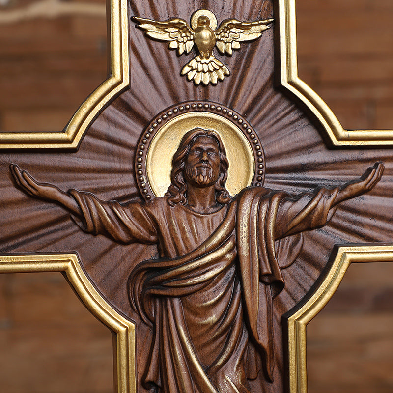 Hand-Carved Jesus Ascension Cross - Solid Wood Crucifix with Dove & Angels - Christian Home Altar Gift - QIADGE