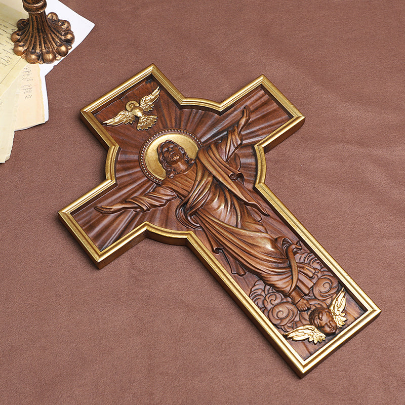 Hand-Carved Jesus Ascension Cross - Solid Wood Crucifix with Dove & Angels - Christian Home Altar Gift - QIADGE