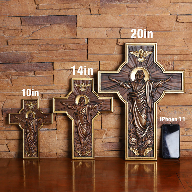 Hand-Carved Jesus Ascension Cross - Solid Wood Crucifix with Dove & Angels - Christian Home Altar Gift - QIADGE