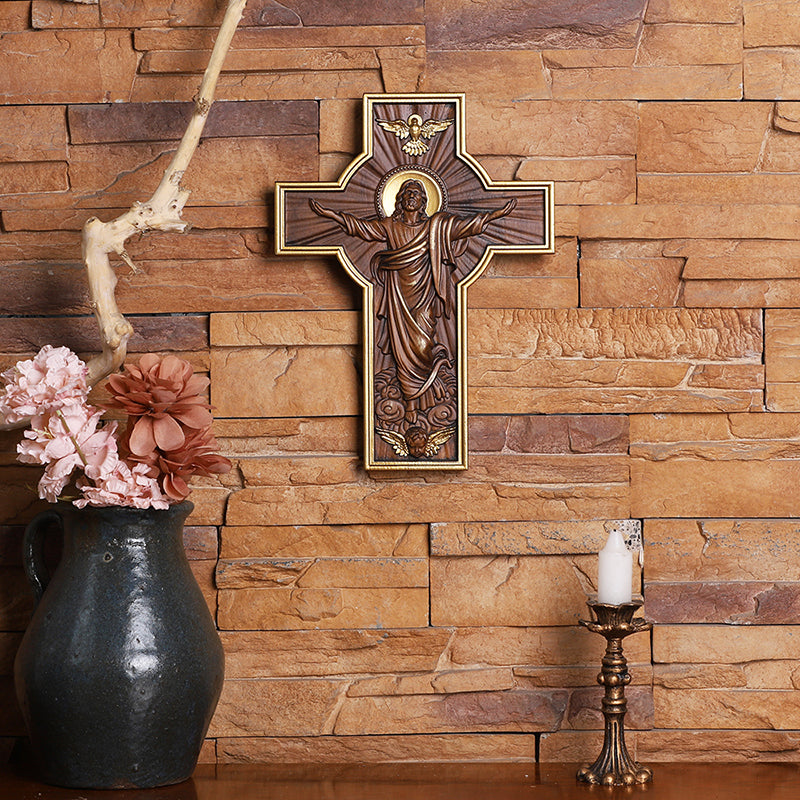 Hand-Carved Jesus Ascension Cross - Solid Wood Crucifix with Dove & Angels - Christian Home Altar Gift - QIADGE
