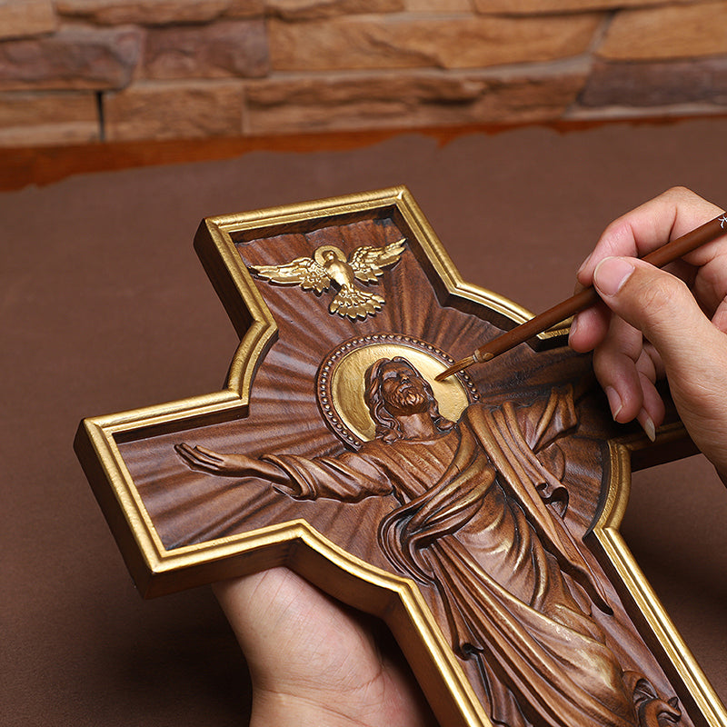 Hand-Carved Jesus Ascension Cross - Solid Wood Crucifix with Dove & Angels - Christian Home Altar Gift - QIADGE