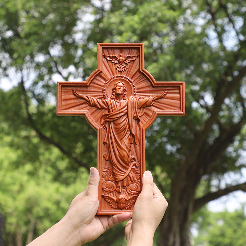 Hand-Carved Jesus Ascension Cross - Solid Wood Crucifix with Dove & Angels - Christian Home Altar Gift - QIADGE