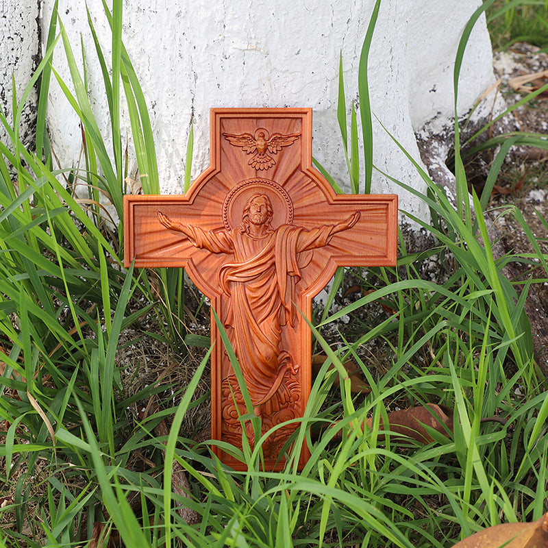 Hand-Carved Jesus Ascension Cross - Solid Wood Crucifix with Dove & Angels - Christian Home Altar Gift - QIADGE