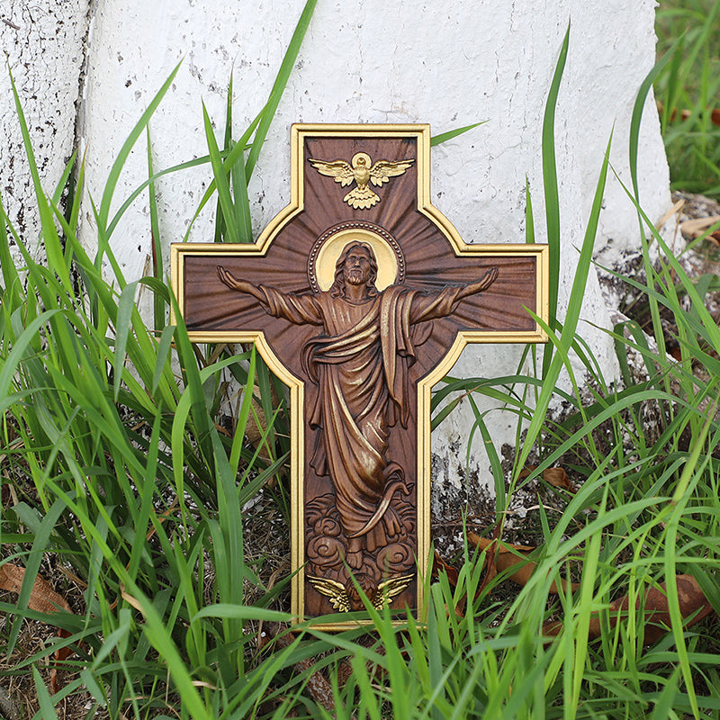 Hand-Carved Jesus Ascension Cross - Solid Wood Crucifix with Dove & Angels - Christian Home Altar Gift - QIADGE