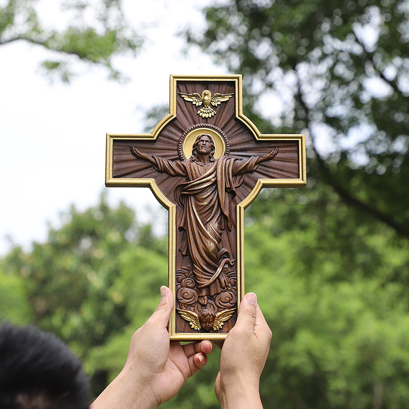 Hand-Carved Jesus Ascension Cross - Solid Wood Crucifix with Dove & Angels - Christian Home Altar Gift - QIADGE