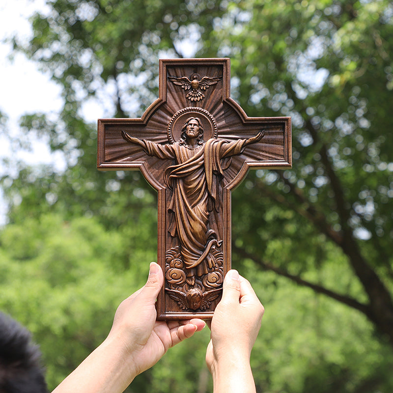 Hand-Carved Jesus Ascension Cross - Solid Wood Crucifix with Dove & Angels - Christian Home Altar Gift - QIADGE