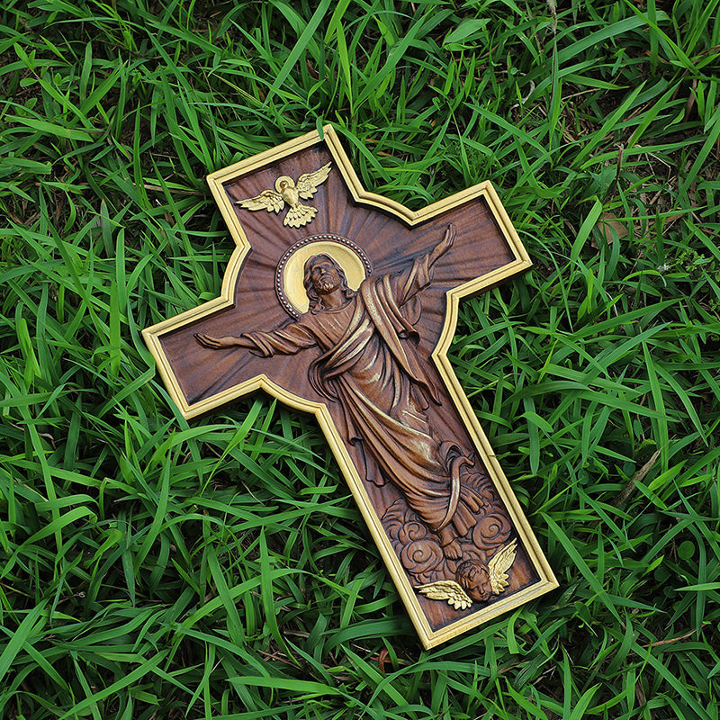 Hand-Carved Jesus Ascension Cross - Solid Wood Crucifix with Dove & Angels - Christian Home Altar Gift - QIADGE