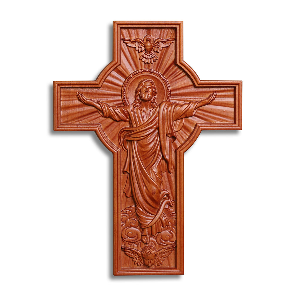 Hand-Carved Jesus Ascension Cross - Solid Wood Crucifix with Dove & Angels - Christian Home Altar Gift - QIADGE
