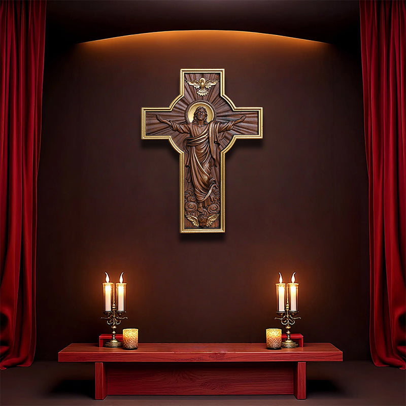 Hand-Carved Jesus Ascension Cross - Solid Wood Crucifix with Dove & Angels - Christian Home Altar Gift - QIADGE