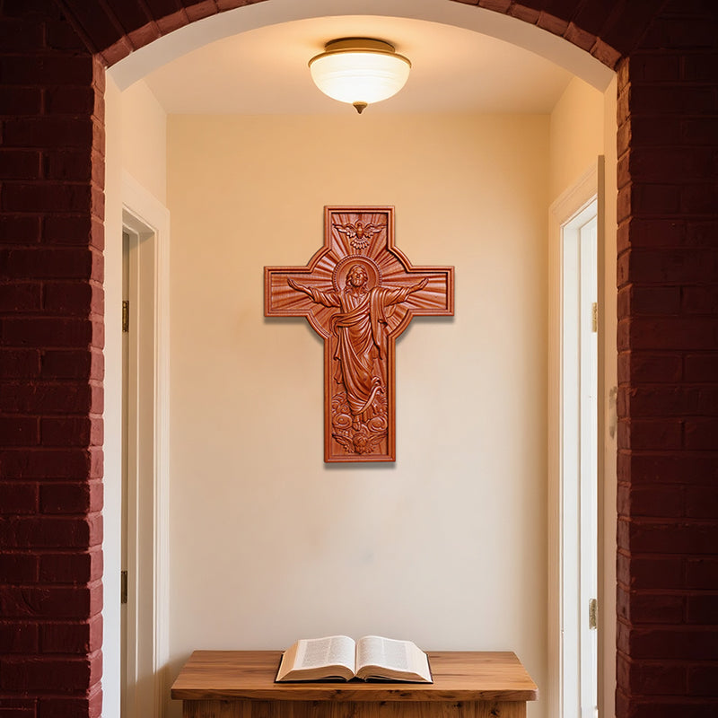 Hand-Carved Jesus Ascension Cross - Solid Wood Crucifix with Dove & Angels - Christian Home Altar Gift - QIADGE