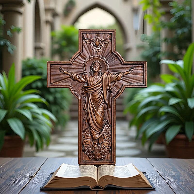 Hand-Carved Jesus Ascension Cross - Solid Wood Crucifix with Dove & Angels - Christian Home Altar Gift - QIADGE