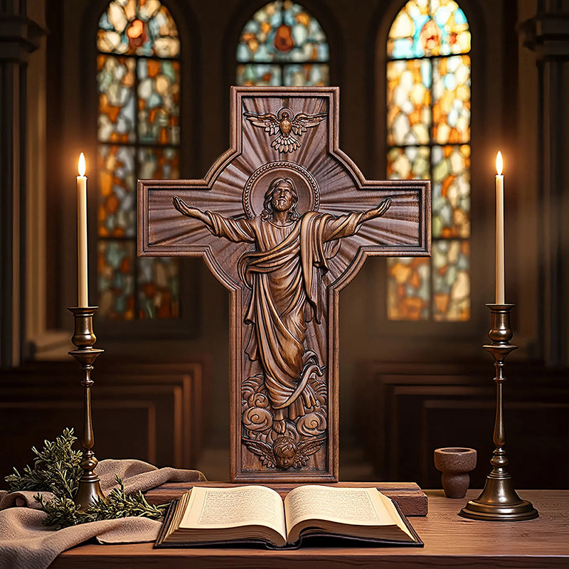 Hand-Carved Jesus Ascension Cross - Solid Wood Crucifix with Dove & Angels - Christian Home Altar Gift - QIADGE