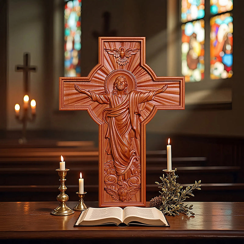 Hand-Carved Jesus Ascension Cross - Solid Wood Crucifix with Dove & Angels - Christian Home Altar Gift - QIADGE
