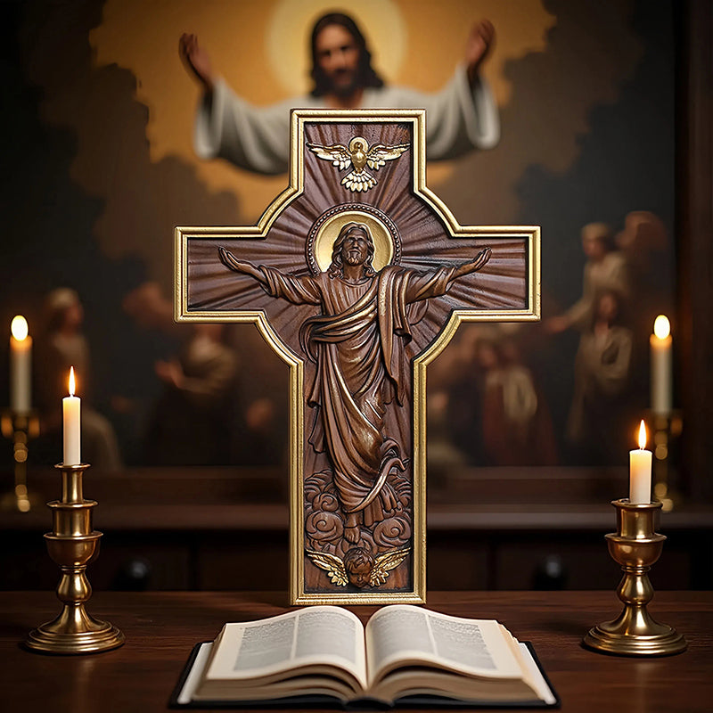 Hand-Carved Jesus Ascension Cross - Solid Wood Crucifix with Dove & Angels - Christian Home Altar Gift - QIADGE