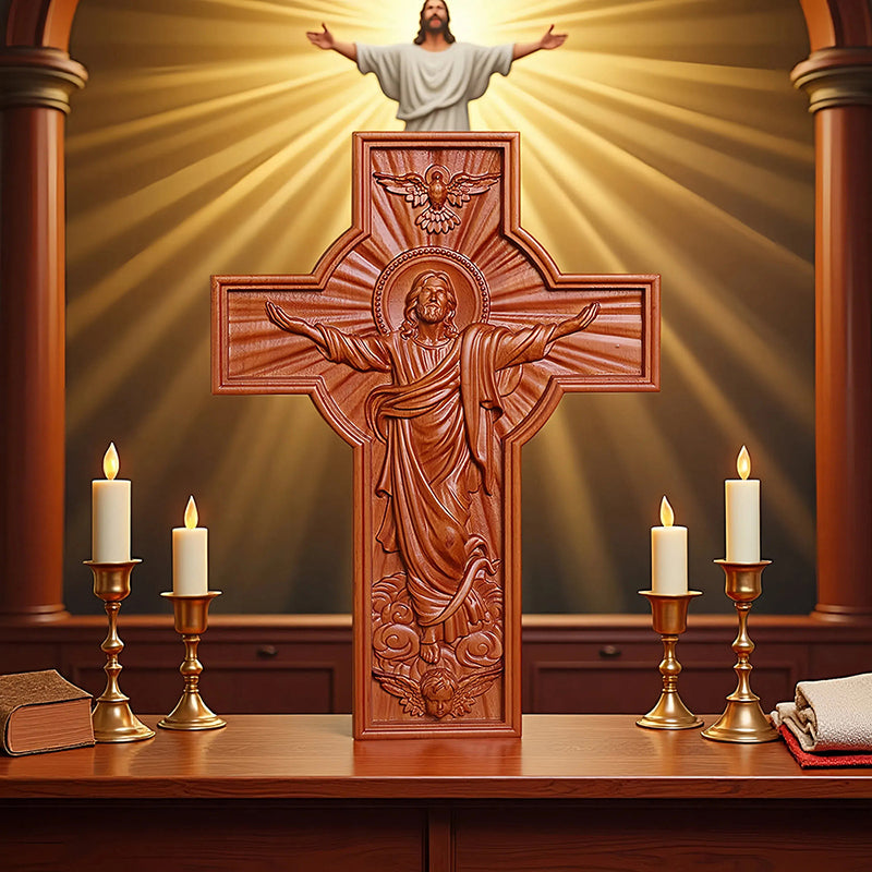 Hand-Carved Jesus Ascension Cross - Solid Wood Crucifix with Dove & Angels - Christian Home Altar Gift - QIADGE