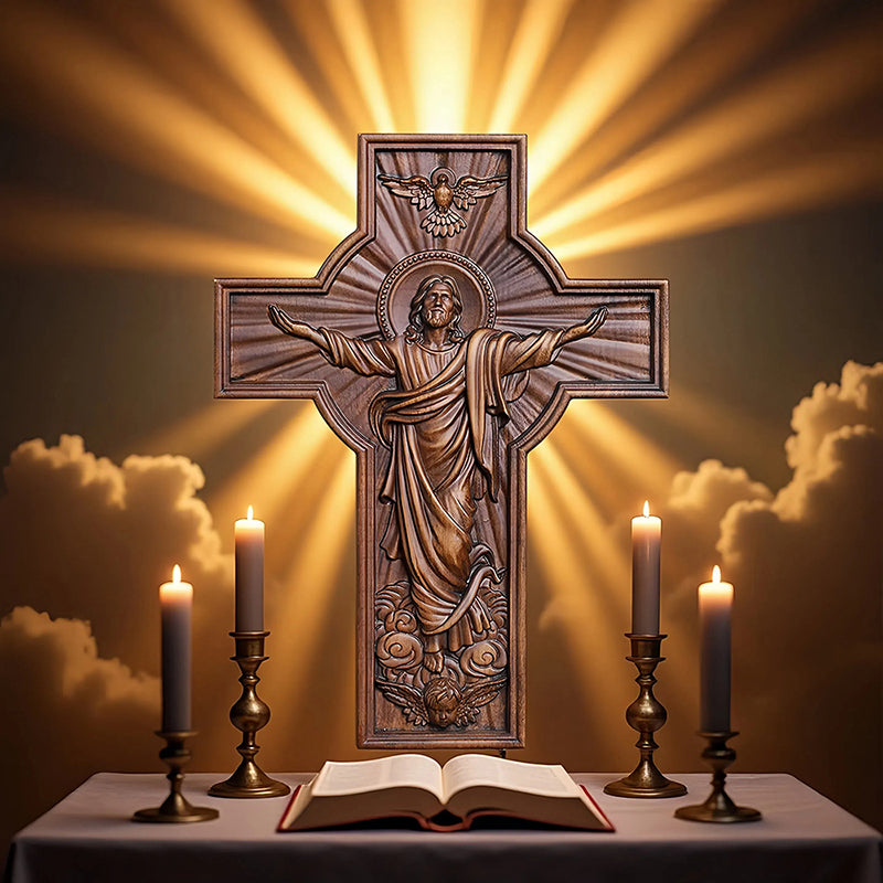 Hand-Carved Jesus Ascension Cross - Solid Wood Crucifix with Dove & Angels - Christian Home Altar Gift - QIADGE