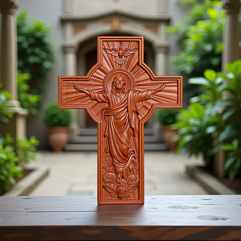 Hand-Carved Jesus Ascension Cross - Solid Wood Crucifix with Dove & Angels - Christian Home Altar Gift - QIADGE