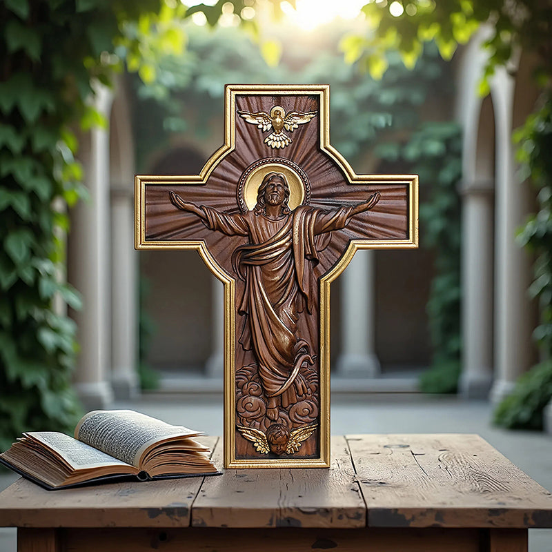 Hand-Carved Jesus Ascension Cross - Solid Wood Crucifix with Dove & Angels - Christian Home Altar Gift - QIADGE