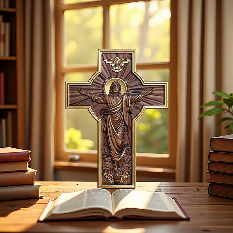 Hand-Carved Jesus Ascension Cross - Solid Wood Crucifix with Dove & Angels - Christian Home Altar Gift - QIADGE