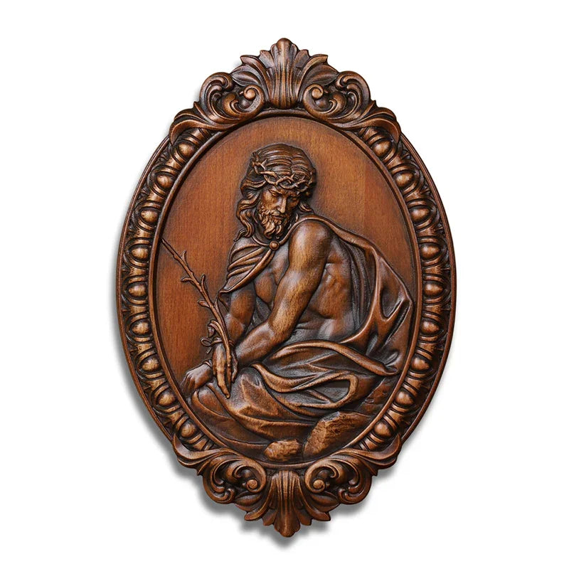 Hand Carved Jesus Contemplation Wood Plaque - Religious Wall Art for Home & Church Decor - QIADGE