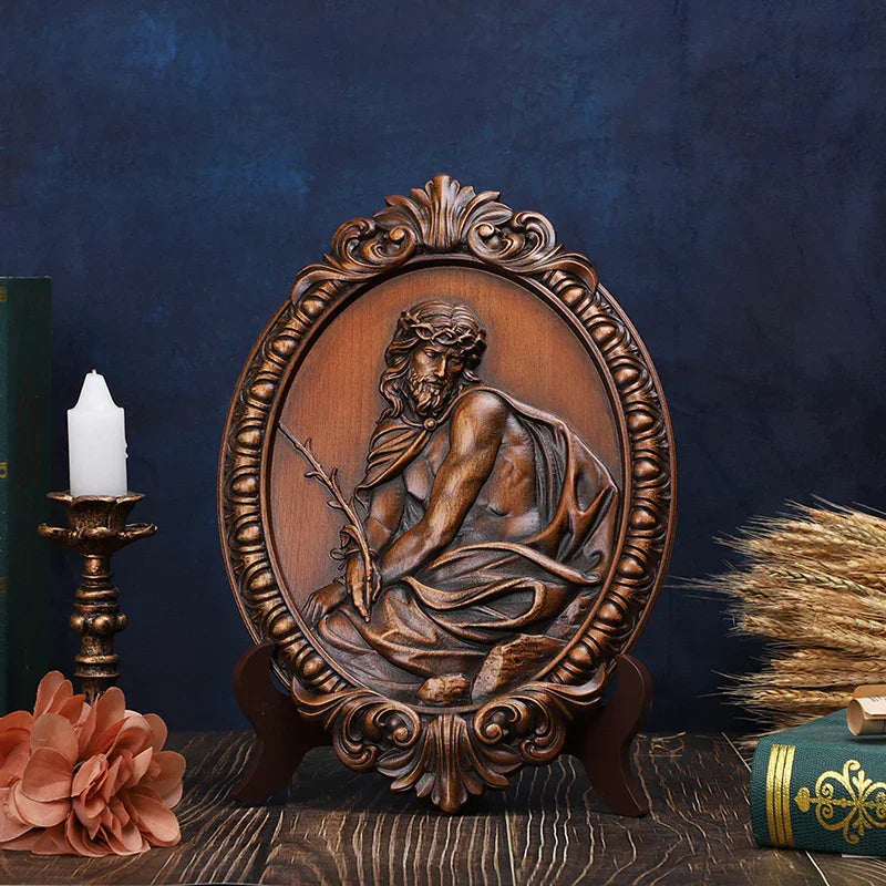 Hand Carved Jesus Contemplation Wood Plaque - Religious Wall Art for Home & Church Decor - QIADGE