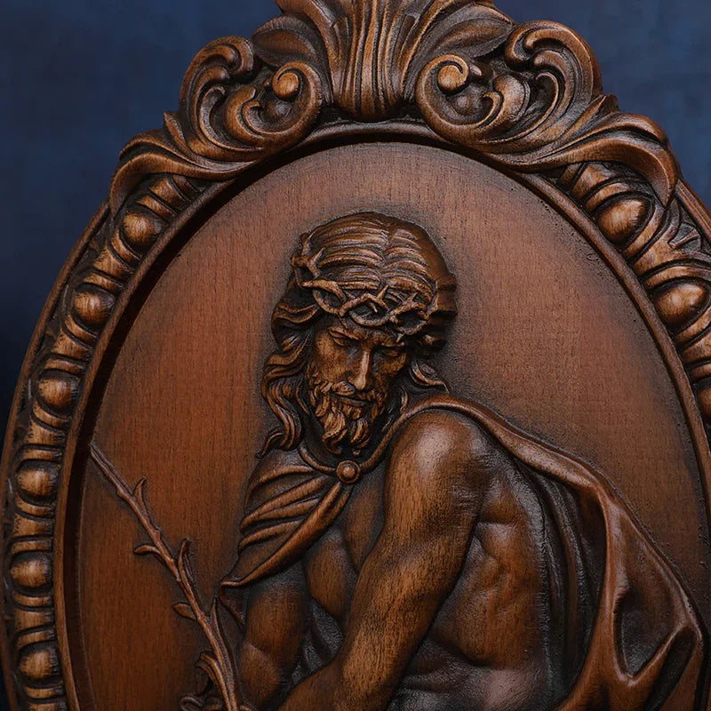 Hand Carved Jesus Contemplation Wood Plaque - Religious Wall Art for Home & Church Decor - QIADGE