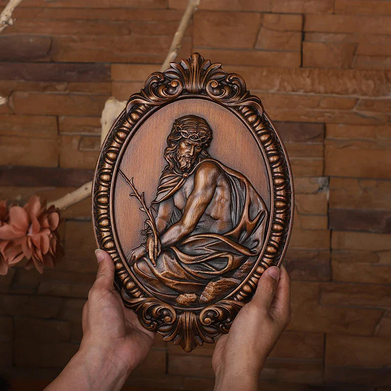 Hand Carved Jesus Contemplation Wood Plaque - Religious Wall Art for Home & Church Decor - QIADGE
