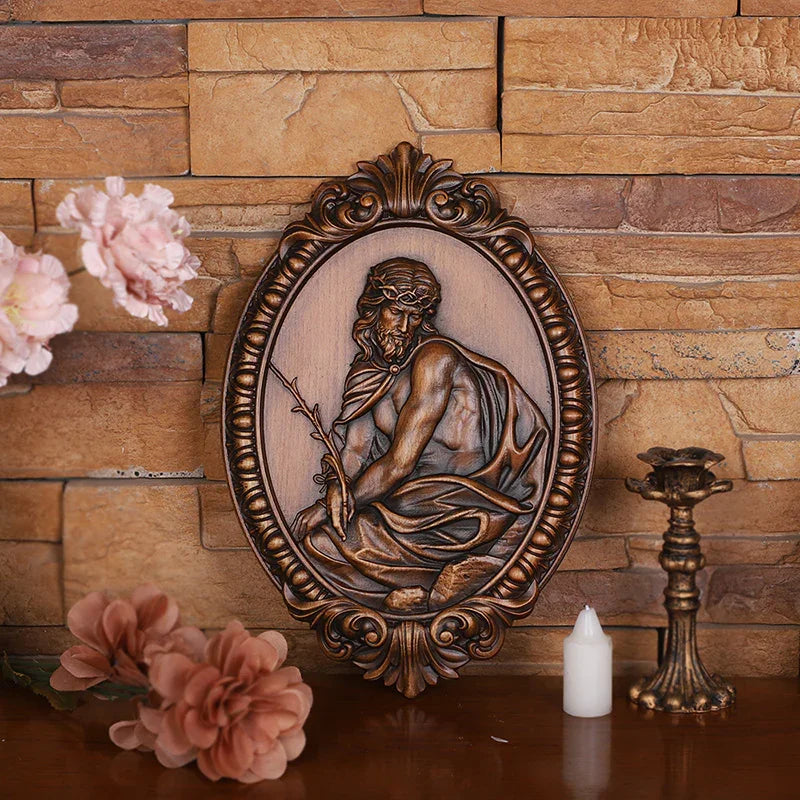 Hand Carved Jesus Contemplation Wood Plaque - Religious Wall Art for Home & Church Decor - QIADGE