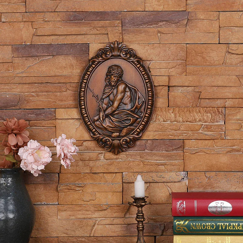 Hand Carved Jesus Contemplation Wood Plaque - Religious Wall Art for Home & Church Decor - QIADGE