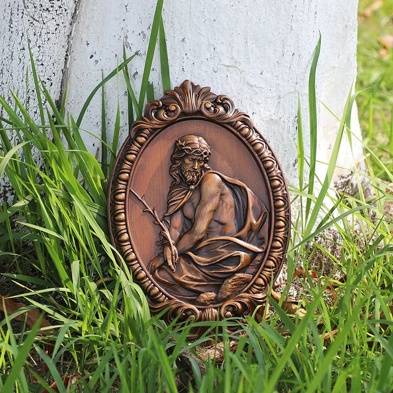 Hand Carved Jesus Contemplation Wood Plaque - Religious Wall Art for Home & Church Decor - QIADGE