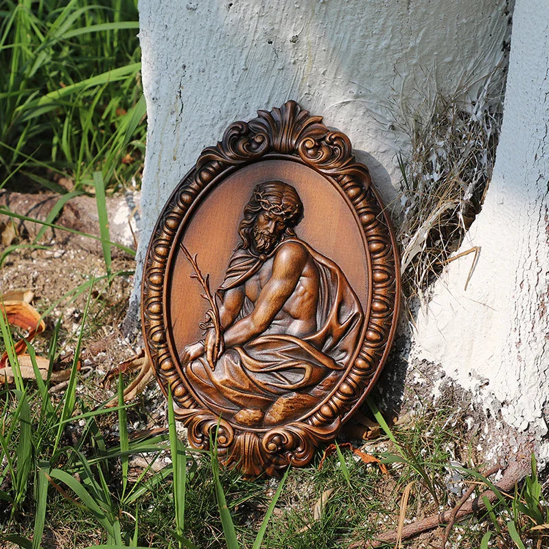 Hand Carved Jesus Contemplation Wood Plaque - Religious Wall Art for Home & Church Decor - QIADGE