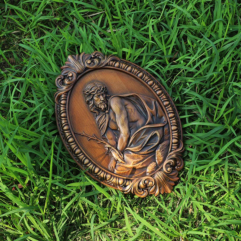 Hand Carved Jesus Contemplation Wood Plaque - Religious Wall Art for Home & Church Decor - QIADGE