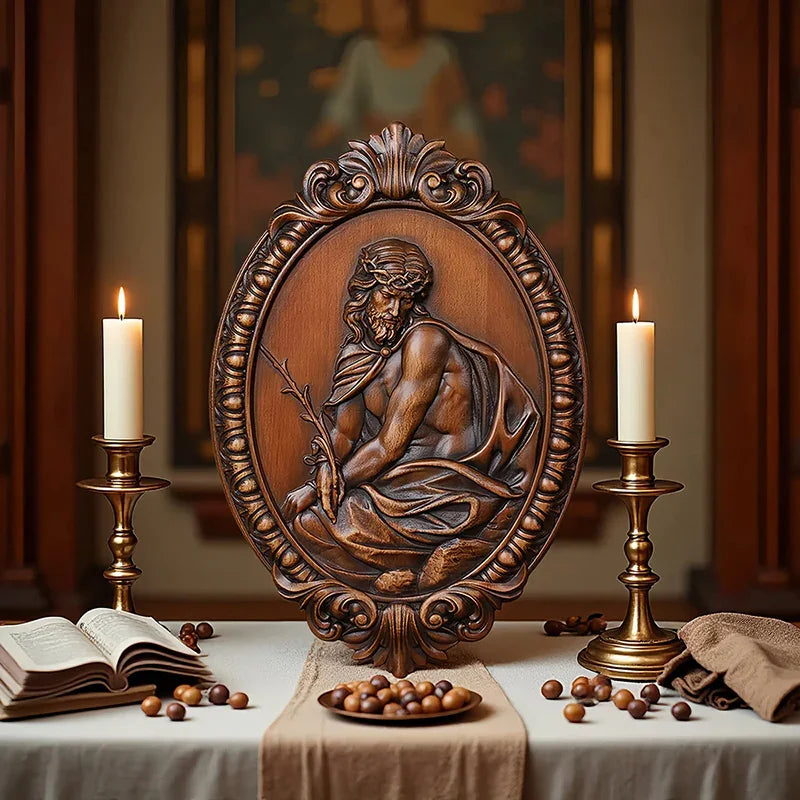 Hand Carved Jesus Contemplation Wood Plaque - Religious Wall Art for Home & Church Decor - QIADGE
