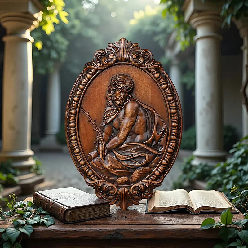 Hand Carved Jesus Contemplation Wood Plaque - Religious Wall Art for Home & Church Decor - QIADGE