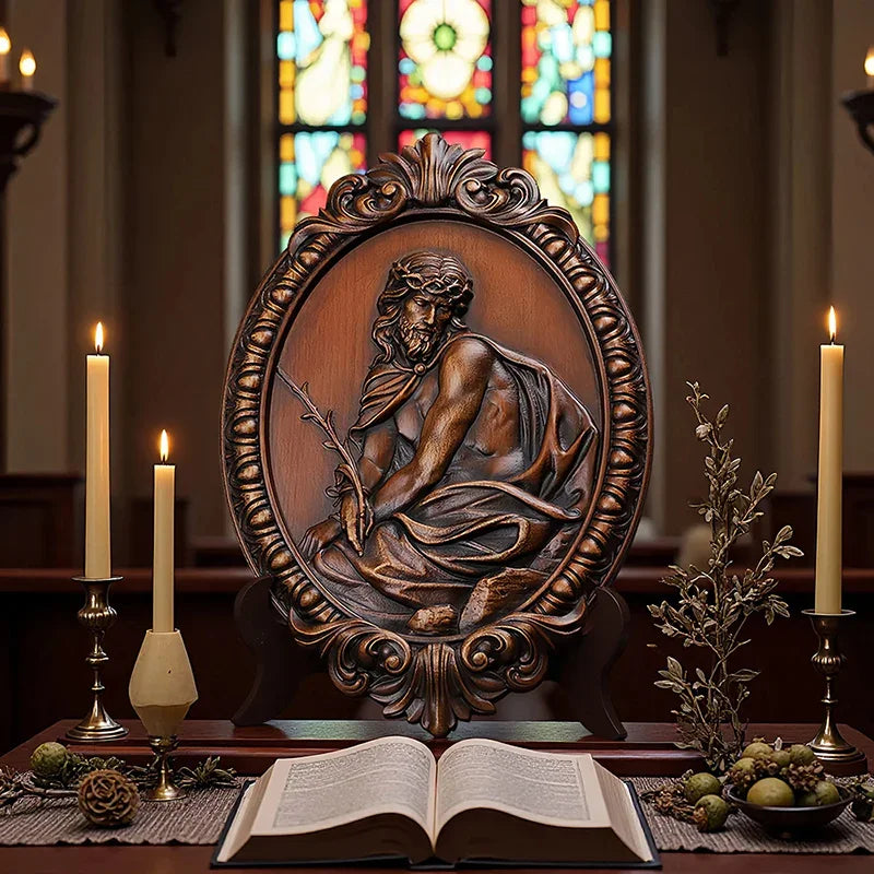 Hand Carved Jesus Contemplation Wood Plaque - Religious Wall Art for Home & Church Decor - QIADGE