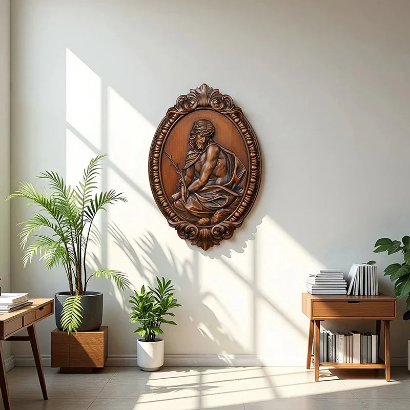 Hand Carved Jesus Contemplation Wood Plaque - Religious Wall Art for Home & Church Decor - QIADGE