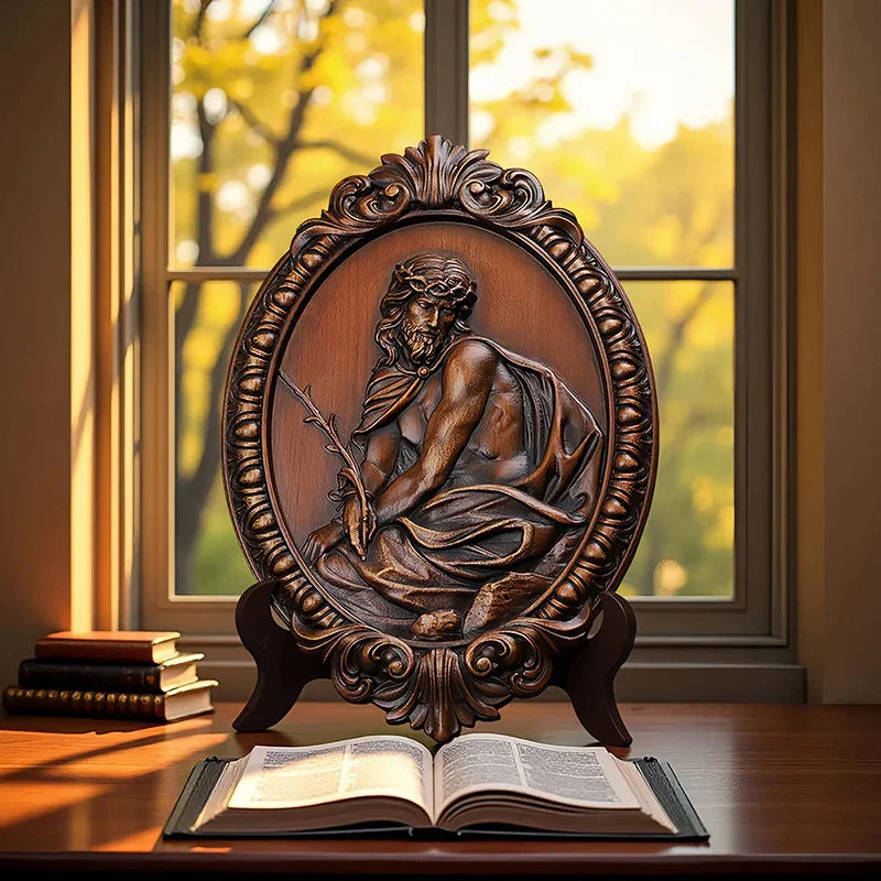 Hand Carved Jesus Contemplation Wood Plaque - Religious Wall Art for Home & Church Decor - QIADGE