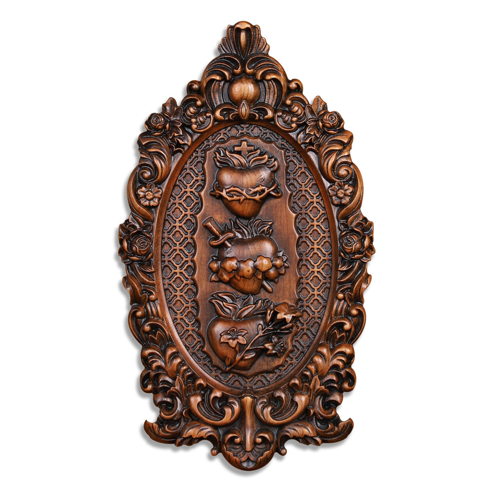 Three Sacred Hearts of the Holy Family Wood Carving - Wall Hanging Religious Gift Artwork - QIADGE