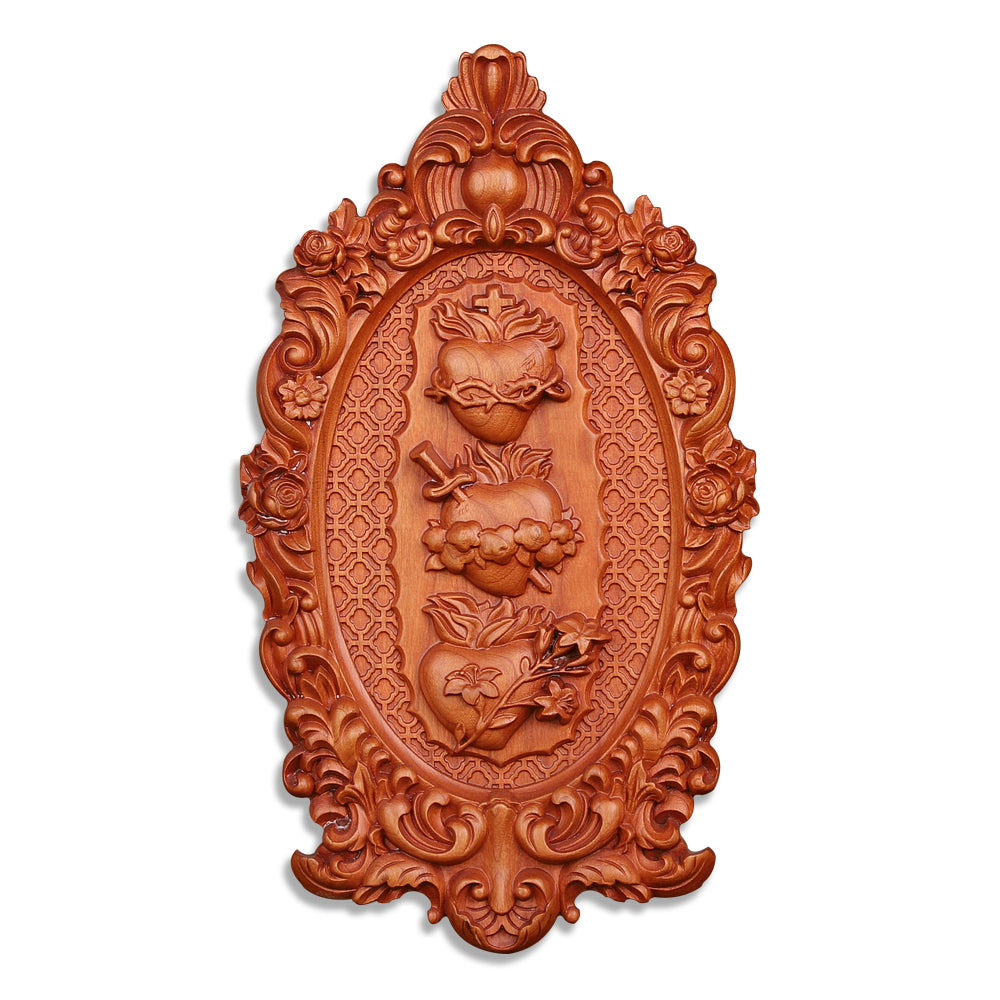 Three Sacred Hearts of the Holy Family Wood Carving - Wall Hanging Religious Gift Artwork - QIADGE