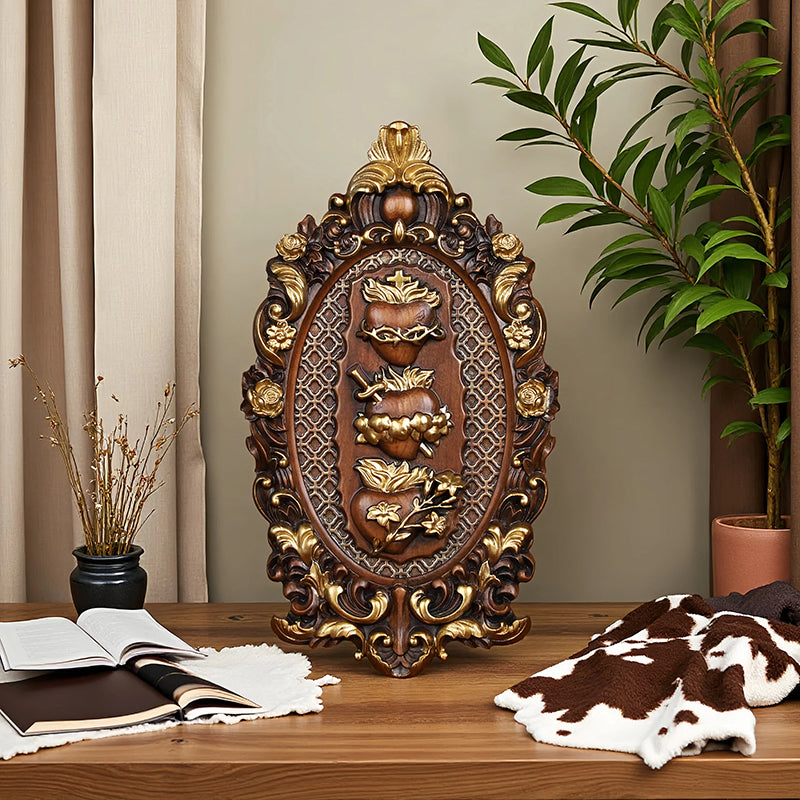Three Sacred Hearts of the Holy Family Wood Carving - Wall Hanging Religious Gift Artwork - QIADGE