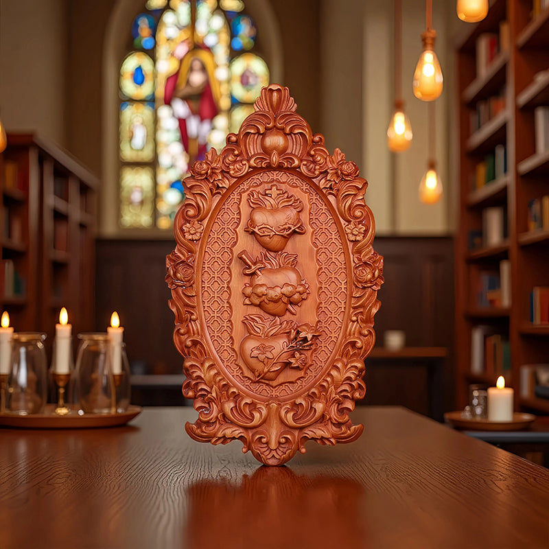 Three Sacred Hearts of the Holy Family Wood Carving - Wall Hanging Religious Gift Artwork - QIADGE