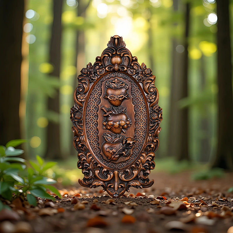 Three Sacred Hearts of the Holy Family Wood Carving - Wall Hanging Religious Gift Artwork - QIADGE