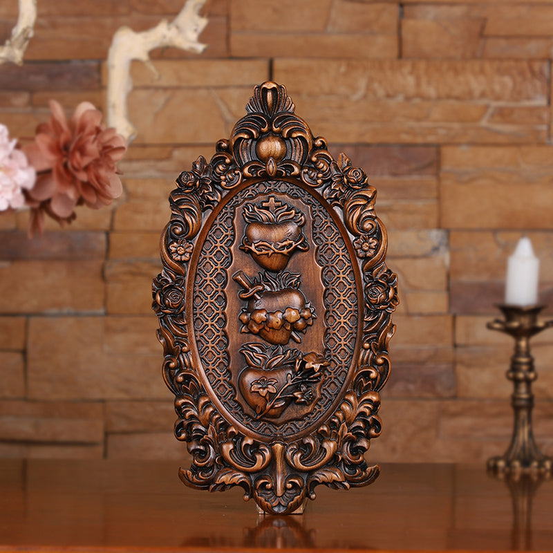 Three Sacred Hearts of the Holy Family Wood Carving - Wall Hanging Religious Gift Artwork - QIADGE