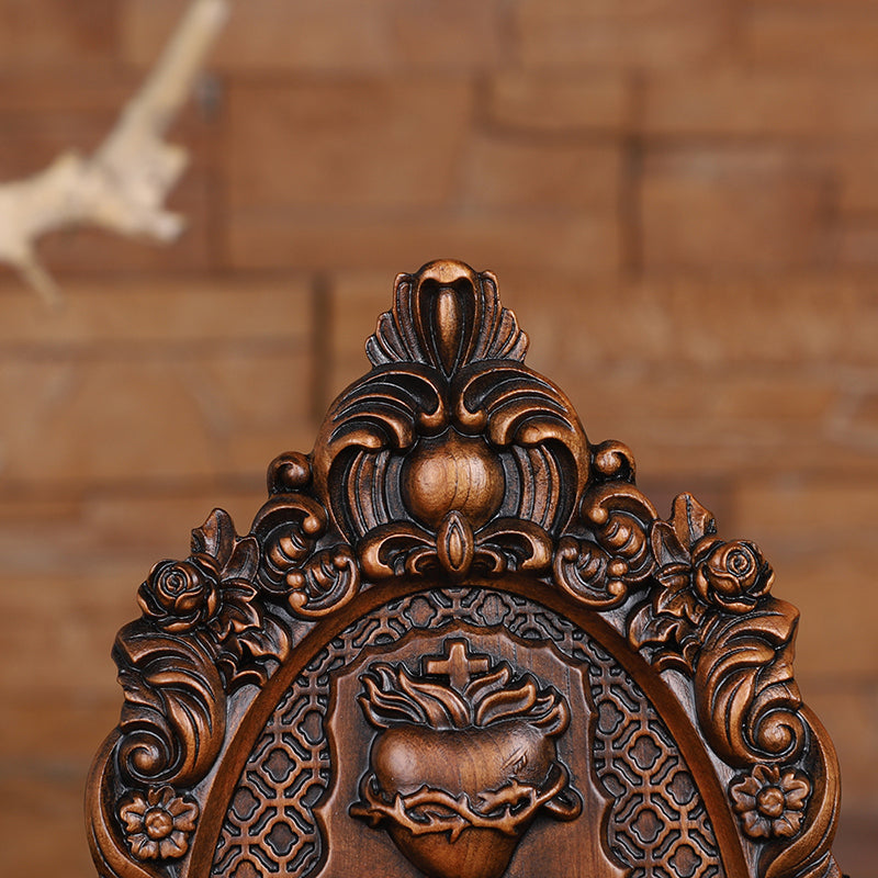 Three Sacred Hearts of the Holy Family Wood Carving - Wall Hanging Religious Gift Artwork - QIADGE